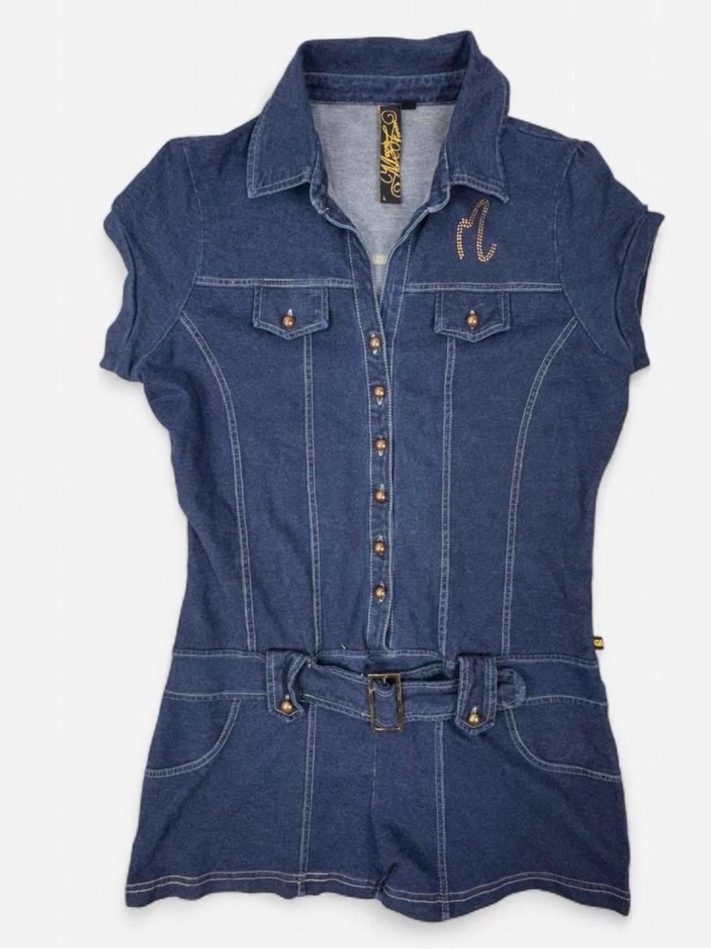 Mecca Femme Y2K Stretch Denim Rhinestone Romper L